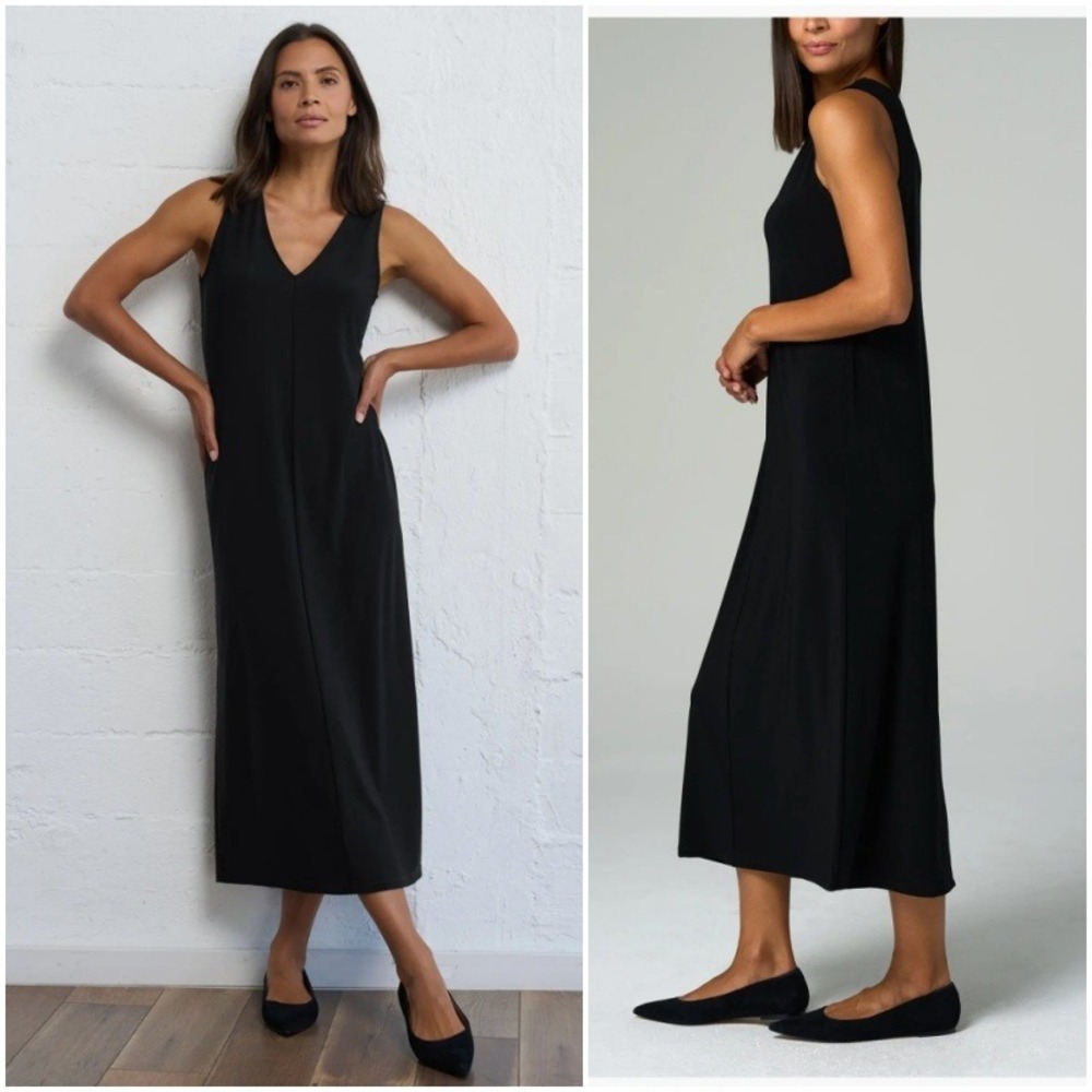Franne Golde Luxe Stretch Sleeveless V-Neck Dress Maxi Black Minimalist Size L